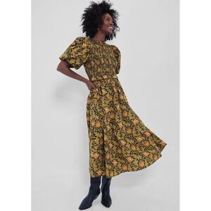 Hyacinth House The Smythe Leafy Olive Midi Dress Size L Smocked Puff Sleeve